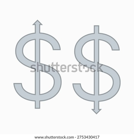 Silver US dollar up, down arrows. Two pointing USD money outline symbols.