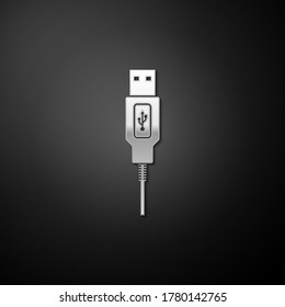 Silver USB cable cord icon isolated on black background. Connectors and sockets for PC and mobile devices. Smartphone recharge supply. Long shadow style. Vector