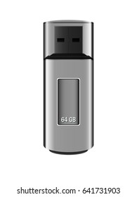 Silver USB flash drive 64 GB with cover cap on white background, vector, eps 10