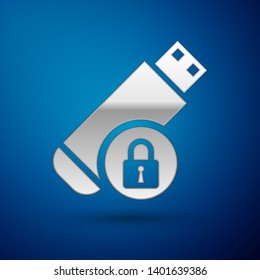 Silver USB flash drive with closed padlock icon isolated on blue background. Security, safety, protection concept. Vector Illustration