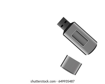 Silver USB flash drive with cover cap on white background, vector, eps 10