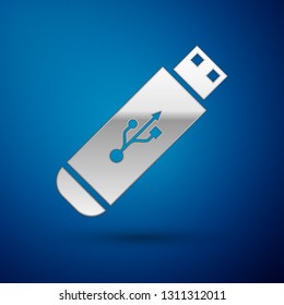Silver USB flash drive icon isolated on blue background. Vector Illustration