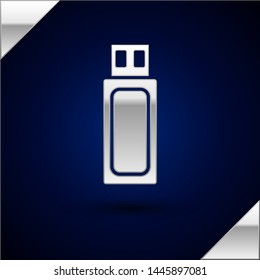 Silver USB flash drive icon isolated on dark blue background.  Vector Illustration