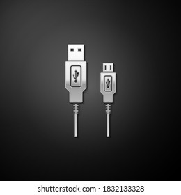 Silver USB Micro cables icon isolated on black background. Connectors and sockets for PC and mobile devices. Smartphone recharge supply. Long shadow style. Vector.