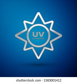 Silver UV protection icon isolated on blue background. Ultra violet rays radiation. SPF sun sign.  Vector Illustration