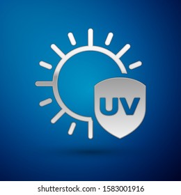 Silver UV protection icon isolated on blue background. Sun and shield. Ultra violet rays radiation. SPF sun sign.  Vector Illustration