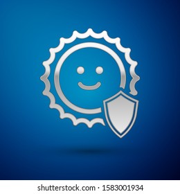 Silver UV protection icon isolated on blue background. Sun and shield. Ultra violet rays radiation. SPF sun sign.  Vector Illustration
