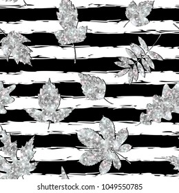 Silver various leaves on lines, seamless pattern background. Gray foil confetti. Black white stripes. Natural glitter design decoration for card, wallpaper, wrapping, textile. Vector Illustration