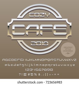 Silver vector Alphabet set of Letters, Numbers and Punctuation symbols. Font contains Graphic Style. Logo for Cozy Cafe
