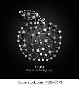Silver vector apple made of connected lines and dots on black background.