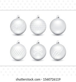 Silver vector Christmas tree ornaments with decorations in white. With snow flake patterns.