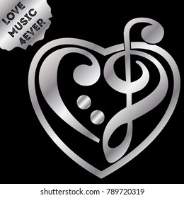 Silver vector heart shaped music key engraving. Luxury metallic sign, formed with musical notation symbols clef treble, Shiny heart tattoo illustration isolated on black background