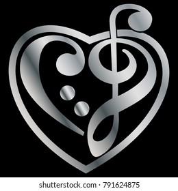 Silver vector heart shaped music key engraving. Luxury metallic sign, formed with musical notation symbols clef treble, Shiny heart tattoo illustration isolated on black background