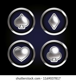 Silver vector illustrations of playing cards. Heart, spade, diamond, clover.