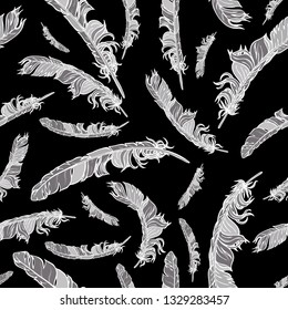 Silver vector seamless feathers pattern isolated on black. Repeat feather silvery doodle illustration. Vector