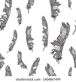 Silver vector seamless feathers pattern isolated on white. Repeat feather silvery doodle illustration. Vector
