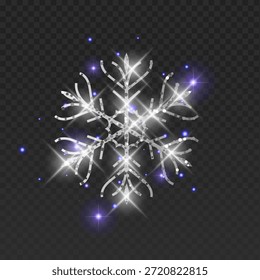 Copo de nieve de Vector plateado con diseño de filigrana y brillante textura de brillo. chispas blancas brillantes, partículas de luz brillantes y mágicas sobre un fondo transparente oscuro, elemento decorativo para tarjetas de Navidad, invitaciones de lujo de Año Nuevo, marca invernal y gráficos festivos de vacaciones.