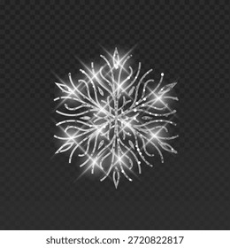 Copo de nieve de Vector plateado con diseño de filigrana y brillante textura de brillo. chispas blancas brillantes, partículas de luz brillantes y mágicas sobre un fondo transparente oscuro, elemento decorativo para tarjetas de Navidad, invitaciones de lujo de Año Nuevo, marca invernal y gráficos festivos de vacaciones.