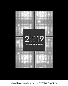 Silver vector vintage gift card design with shining rounds background isolated on black. New Year 2019 gift box concept. Vector illustration