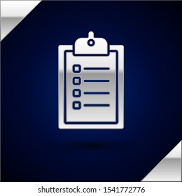 Silver Verification of delivery list clipboard icon isolated on dark blue background.  Vector Illustration