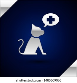 Silver Veterinary clinic symbol icon isolated on dark blue background. Cross with cat veterinary care. Pet First Aid sign.  Vector Illustration