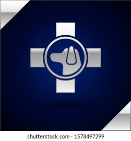 Silver Veterinary clinic symbol icon isolated on dark blue background. Cross with dog veterinary care. Pet First Aid sign.  Vector Illustration