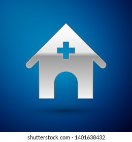 Silver Veterinary medicine hospital, clinic or pet shop for animals icon isolated on blue background. Vet or veterinarian clinic. Vector Illustration