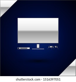 Silver Video game console icon isolated on dark blue background. Game console with joystick and lcd television.  Vector Illustration