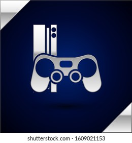 Silver Video game console with joystick icon isolated on dark blue background.  Vector Illustration