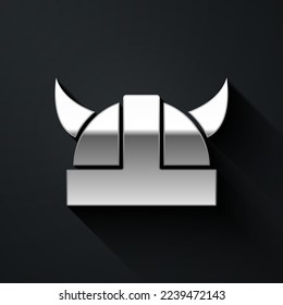 Silver Viking in horned helmet icon isolated on black background. Long shadow style. Vector