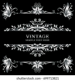 Silver Vintage Decorations Elements. Flourishes Calligraphic Ornaments and Frames. Retro Style