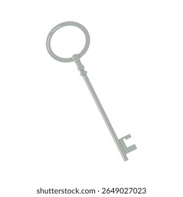 Silver vintage key with round head and classic shaft. Elegant design perfect for security icons, antique collections, logo elements, or romantic and fantasy themes.