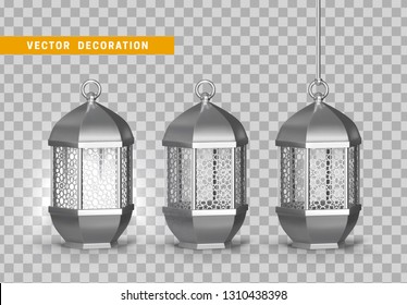 Silver vintage lanterns. Arabic shining lamps. Isolated hanging realistic lamps.