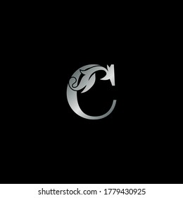 Silver Vintage Ornate Leaf C Letter Initial Logo Icon Template Design Luxury Style Concept.