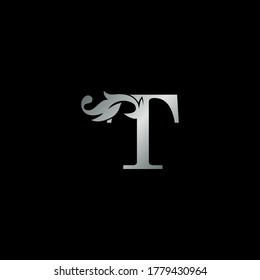 Silver Vintage Ornate Leaf T Letter Initial Logo Icon Template Design Luxury Style Concept.