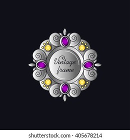 Silver vintage round frame with precious stones. Vector illustration.