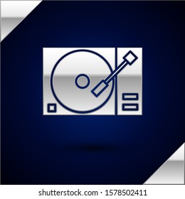 Silver Vinyl player with a vinyl disk icon isolated on dark blue background.  Vector Illustration