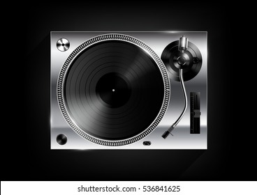 Silver vinyl record player on black background and long shadow, Vector