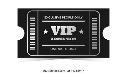 Silver vip admission template. Cinema, theater, casino, concert, opera, ballet, performance chrome design. Metal gradient text, black ticket, barcode. Vector illustration on white background