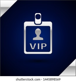 Silver VIP badge icon isolated on dark blue background.  Vector Illustration