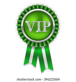 Silver vip badge, rosette with green ribbon on white background