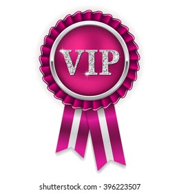 Silver vip badge, rosette with purple ribbon on white background