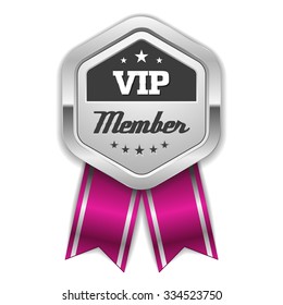 Silver vip member rosette with purple ribbon on white background