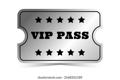 Silver vip pass template. Cinema, theater, casino, concert, opera, ballet, performance chrome design. Metal gradient ticket. Vector illustration on white background
