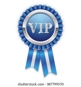 Silver vip rosette, badge with blue ribbon on white background