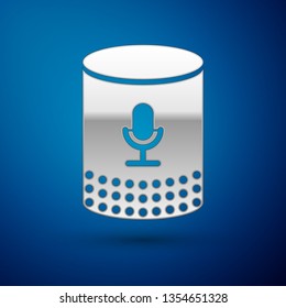 Silver Voice assistant icon isolated on blue background. Voice control user interface smart speaker. Vector Illustration