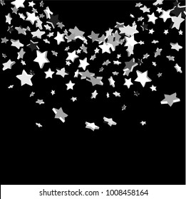 Silver volumetric star-confetti fall on a black background. Falling stars on a white background. Bright design pattern. Suitable for your design, cards, invitations, gift, vip.