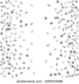 Silver volumetric star-confetti fall on a white background.  Illustration of flying shiny stars. Decorative element. Bright design pattern. Suitable for your design, cards, invitations, gift, vip.