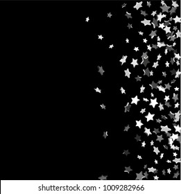 Silver volumetric star-confetti fall on a black background.  Falling starry background. Bright design pattern. Suitable for your design, cards, invitations, gift, vip.