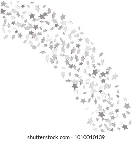 Silver volumetric star-confetti fall on a white background. Falling stars on a white background. Bright design pattern. Suitable for your design, cards, invitations, gift, vip.